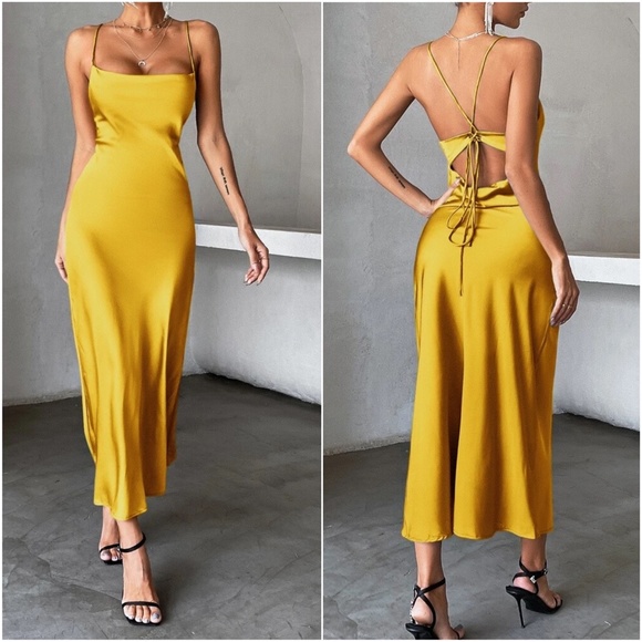 Luxe Satin Lace up back Backless Party Evening Dress - Picture 7 of 9